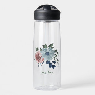 Romantic pink blue flowers greenery water bottle
