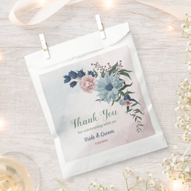 Romantic pink blue flowers greenery wedding favour bags (Clipped)