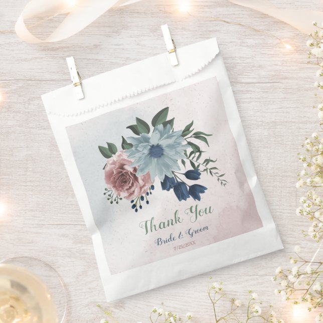 Romantic pink blue flowers greenery wedding favour bags (Clipped)