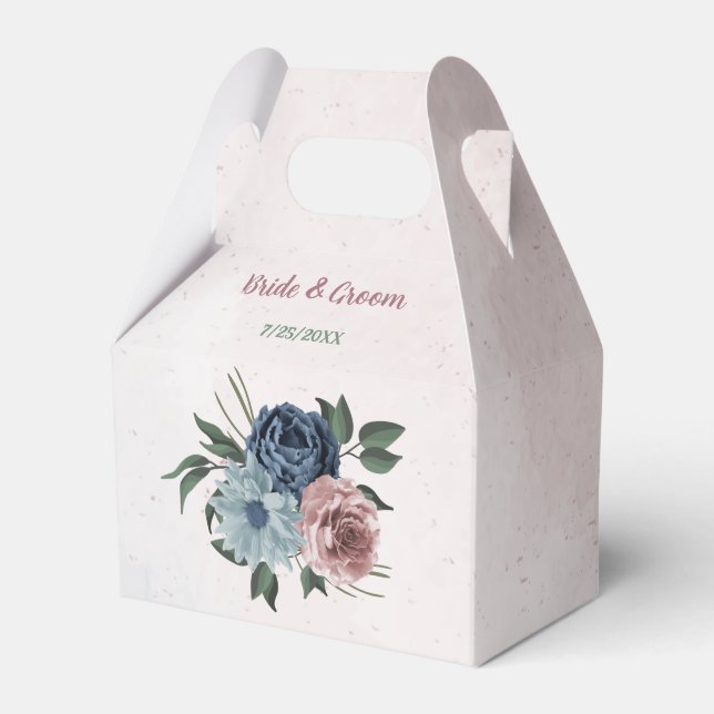 Romantic pink blue flowers greenery wedding favour box (Front Side)