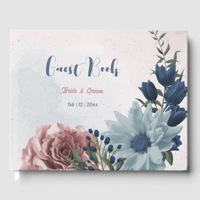 Romantic pink blue flowers greenery wedding guest book (Front)
