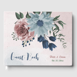 Romantic pink blue flowers greenery wedding guest book