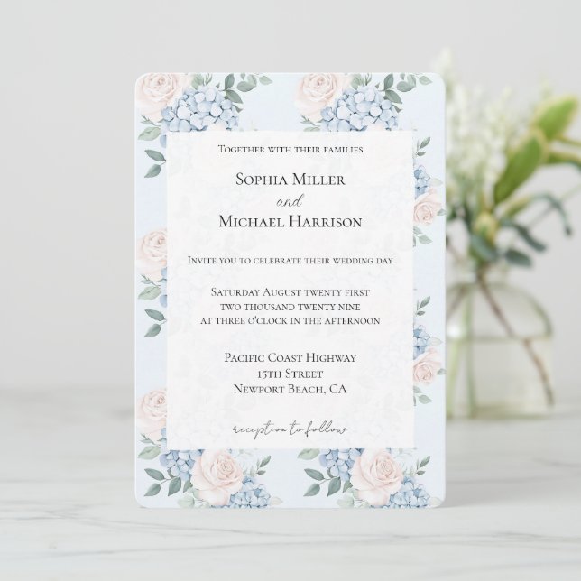 Romantic Pink Blue Flowers Wedding Invitation (Standing Front)
