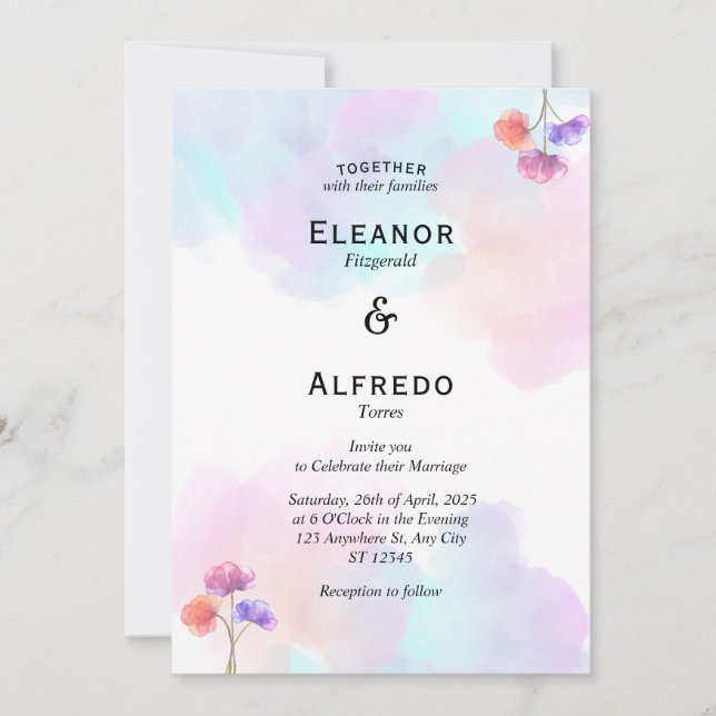 Romantic Pink & Blue Wedding Invitations (Front)