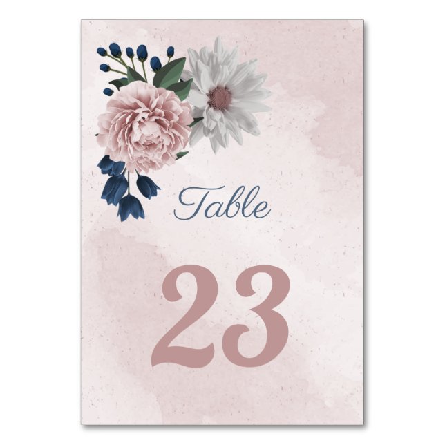 romantic pink blue & white floral greenery  table number (Front)