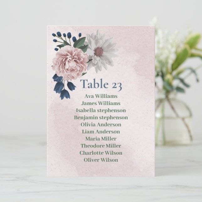 romantic pink blue white greenery seating chart  invitation (Standing Front)