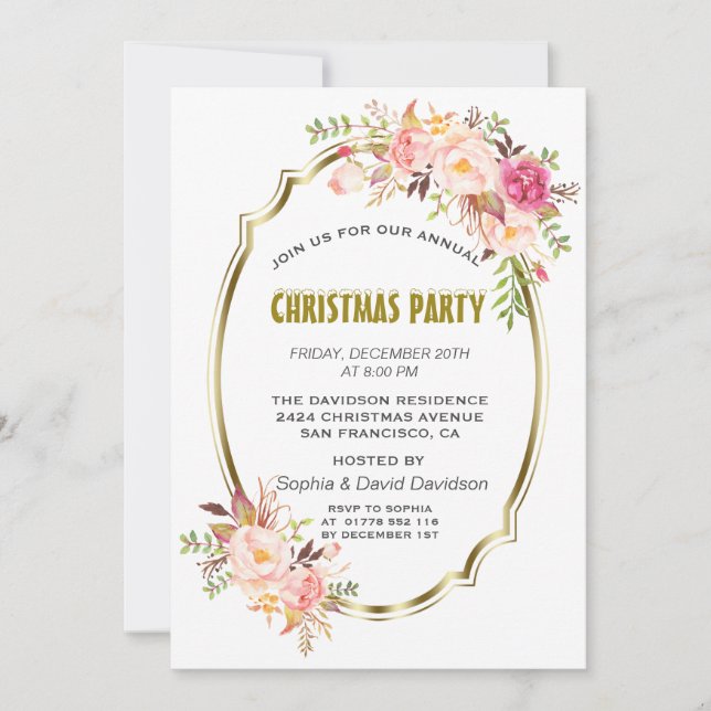 Romantic Pink Blush Floral Gold Christmas Party Invitation (Front)