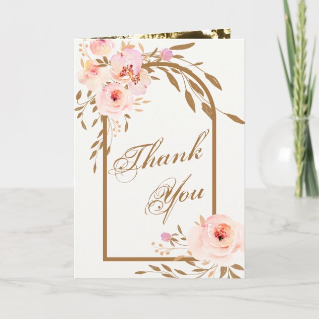Romantic Pink Blush Gold Floral Wedding Photo Thank You Card (Front)