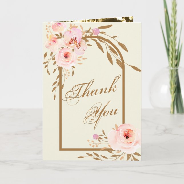 Romantic Pink Blush Gold Floral Wedding Photo Thank You Card (Front)
