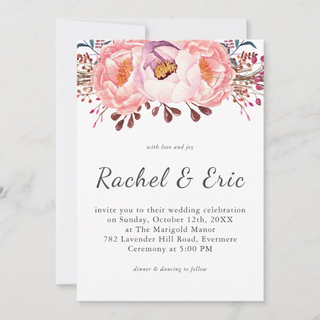 Romantic Pink Blush Peony Floral Wedding  Invitation (Front)
