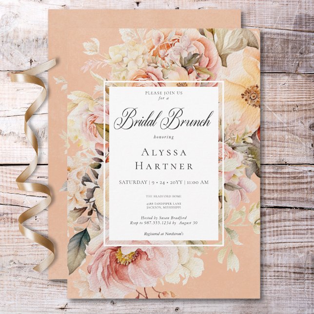 Romantic Pink & Blush Roses Peach Bridal Brunch Invitation (Romantic Pink & Blush Roses Peach Bridal Brunch Invitation)
