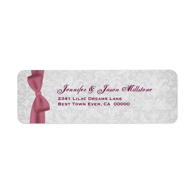 Romantic Pink Bow and Silver Damask Wedding Label (Front)