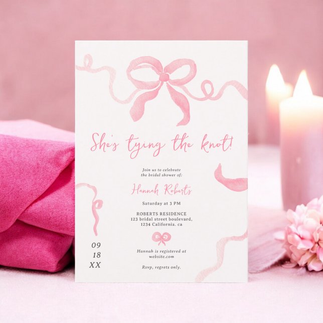 Romantic pink bow ribbon watercolor bridal shower invitation (Romantic pink bow ribbon watercolor bridal shower invitation)