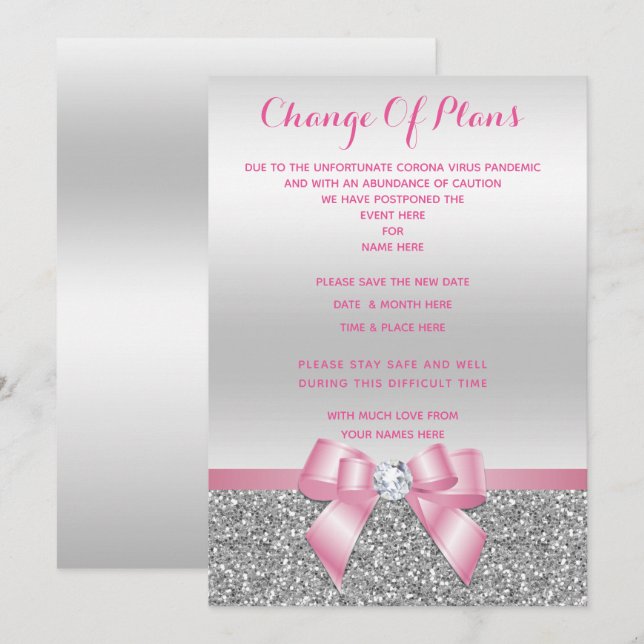 Romantic Pink Bow & Silver Glitter Change Of Plan Invitation (Front/Back)