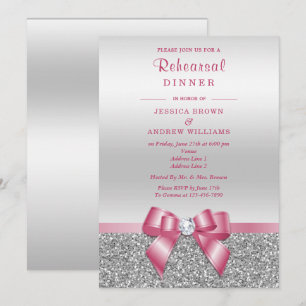 Romantic Pink Bow, Silver Glitter Rehearsal Dinner Invitation