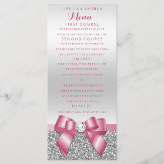 Romantic Pink Bow & Silver Glitter Wedding Menu
