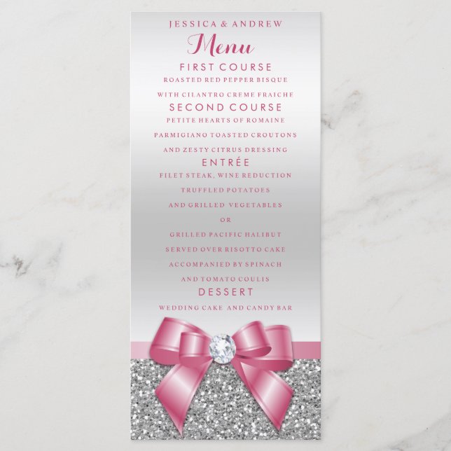 Romantic Pink Bow & Silver Glitter Wedding Menu (Front)
