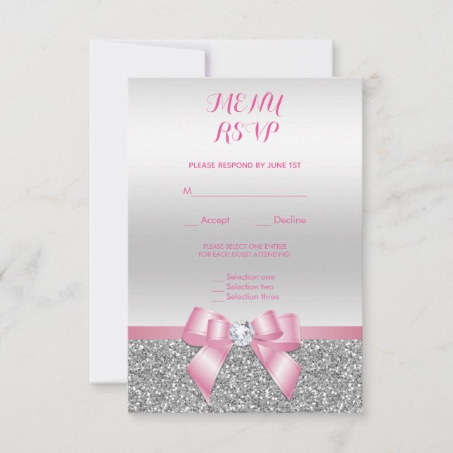 Romantic Pink Bow & Silver Glitter Wedding Menu (Front)