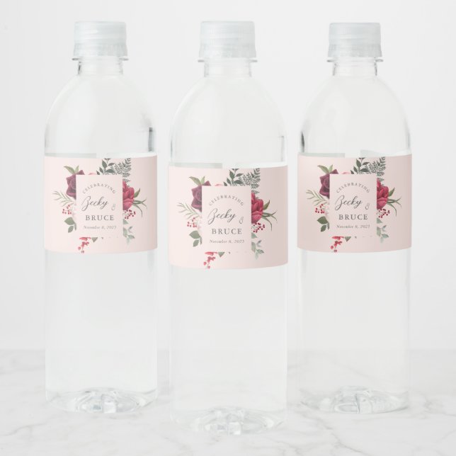 Romantic Pink Bridal Bouquet Personalised Water Bottle Label (Bottles)