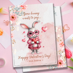 Romantic Pink Bunny & Hearts Valentine's Day Holiday Card