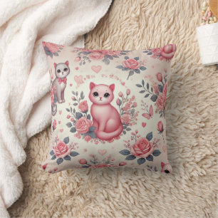 Romantic Pink Cat Floral Pillow – Cosy & Elegant