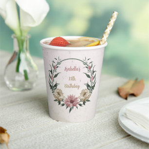 romantic pink & champagne flowers paper cups