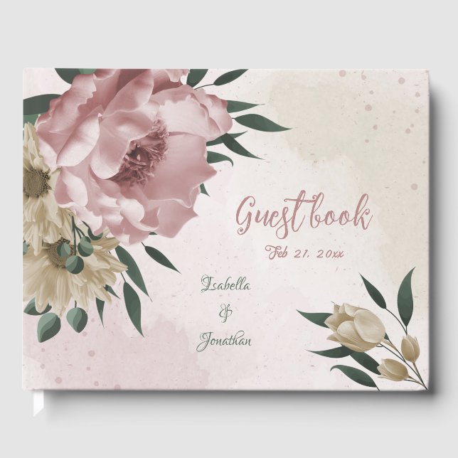  romantic pink & champagne flowers wedding guest book (Front)