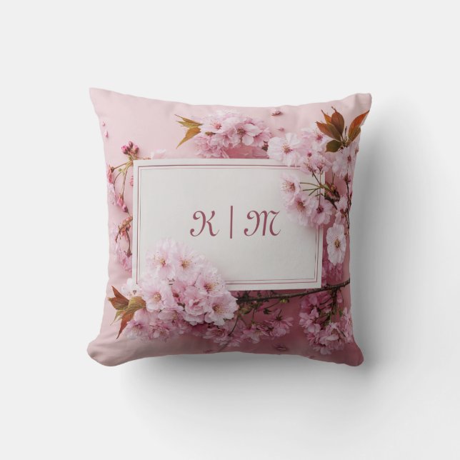 Romantic Pink Cherry Blossom and Bronze Leaf Cushion (Front)