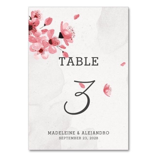 Romantic pink cherry blossom elegant wedding table number (Front)