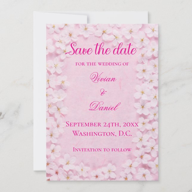 Romantic Pink Cherry Blossom Wedding Save the Date (Front)