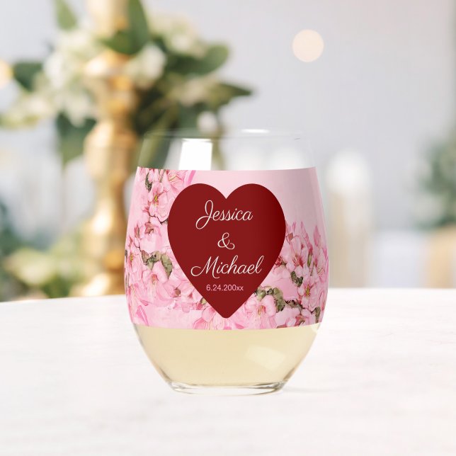 Romantic Pink Cherry Blossoms  Stemless Wine Glass (Insitu (Wedding))