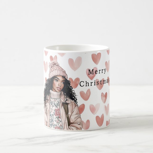 Romantic Pink Christmas Hearts Black Girl Coffee Mug (Center)
