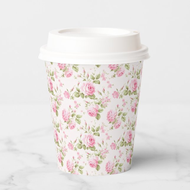 Romantic Pink Cottage Rose  Paper Cups (Front)