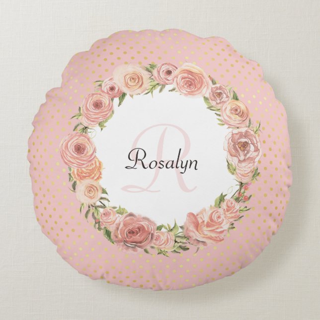 Romantic Pink Dotted Rose Floral Monogrammed Name Round Cushion (Front)