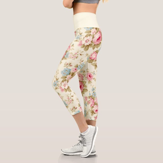 Romantic Pink English Roses on Pale Yellow Capri Leggings (Left)
