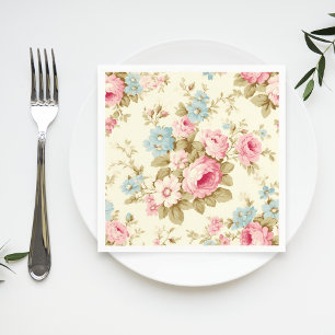Romantic Pink English Roses on Pale Yellow Napkin