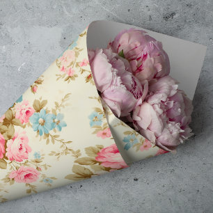 Romantic Pink English Roses on Pale Yellow Tissue Paper