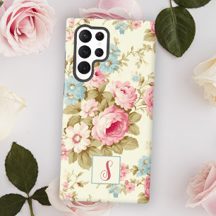Romantic Pink English Roses on Yellow w/Monogram Samsung Galaxy Case