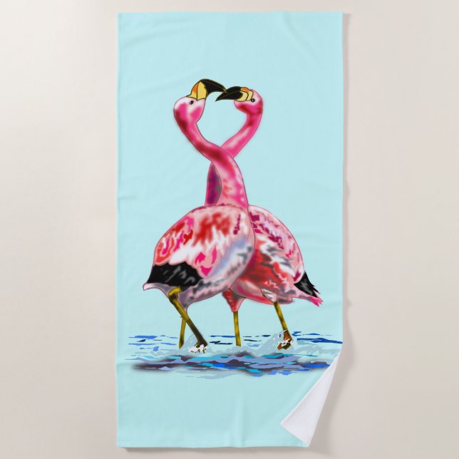Romantic Pink Flamingos Love Dance - Painting  Beach Towel (Front)