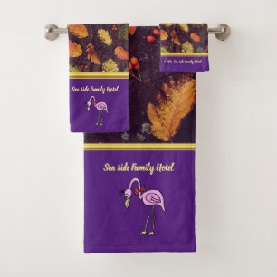 Romantic Pink Flamingos with autumn leaves Bath Towel Set