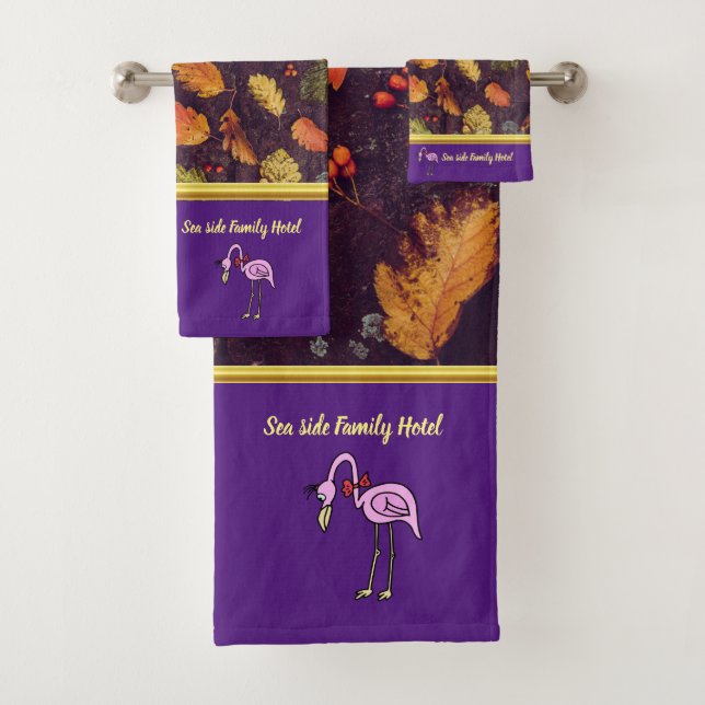 Romantic Pink Flamingos with autumn leaves Bath Towel Set (Insitu)