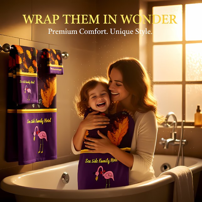 Romantic Pink Flamingos with autumn leaves Bath Towel Set (Creator Uploaded)