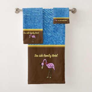 Romantic Pink Flamingos with denim texture .brown Bath Towel Set