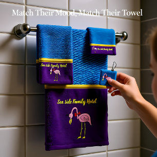Romantic Pink Flamingos with denim texture .purple Bath Towel Set