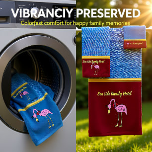 Romantic Pink Flamingos with denim texture .red Bath Towel Set