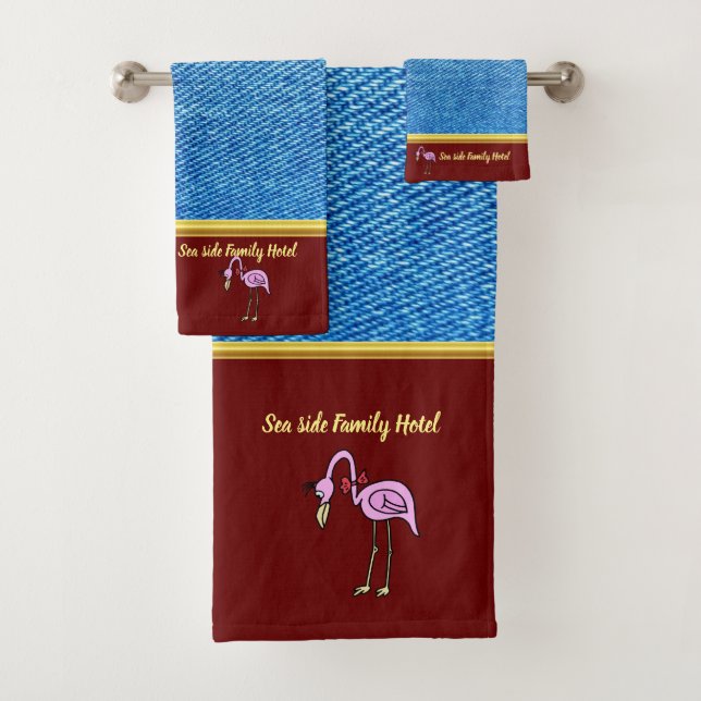 Romantic Pink Flamingos with denim texture .red Bath Towel Set (Insitu)