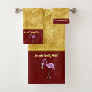 Romantic Pink Flamingos with gold foil red Bath Towel Set