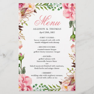 Romantic Pink Floral Border Wedding Menu Card