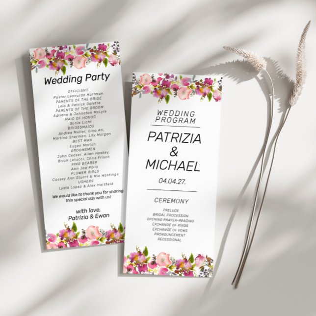 Romantic Pink Floral Borders Wedding Flat Programme (Creator Uploaded)