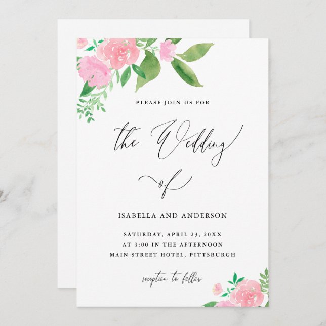 Romantic Pink Floral Bouquet Calligraphy Wedding Invitation (Front/Back)
